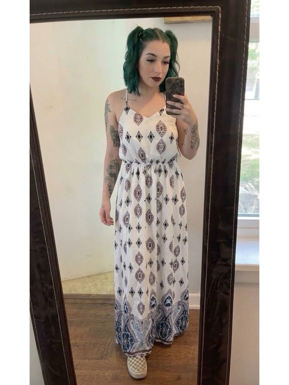 CALS Patterned Maxi Dress White Boho Tribal Smocked Size Medium